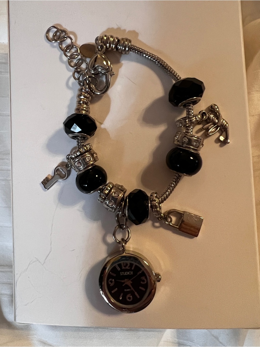 Black Beaded Charm Bracelet Watch